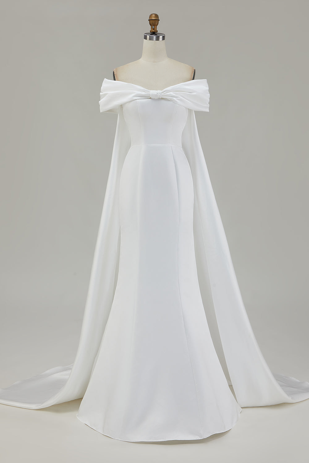 Zapakasa Women Ivory Satin Floor-Length Wedding Dress with Cape Mermaid Off the Shoulder Bridal Dress with Bow Zapakasa Women Ivory Satin Floor-Length Wedding Dress with Cape Mermaid Off the Shoulder Bridal Dress with Bow