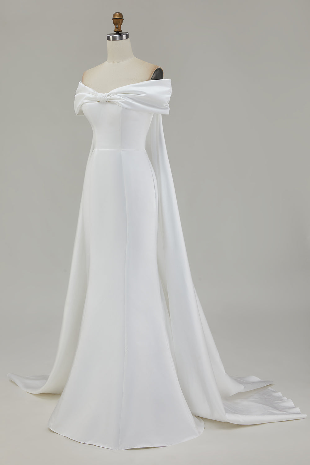 ZAPAKA Women Ivory Mermaid Wedding Dress Off The Shoulder Satin Watteau Train Bridal Dress With Bow, White / US4