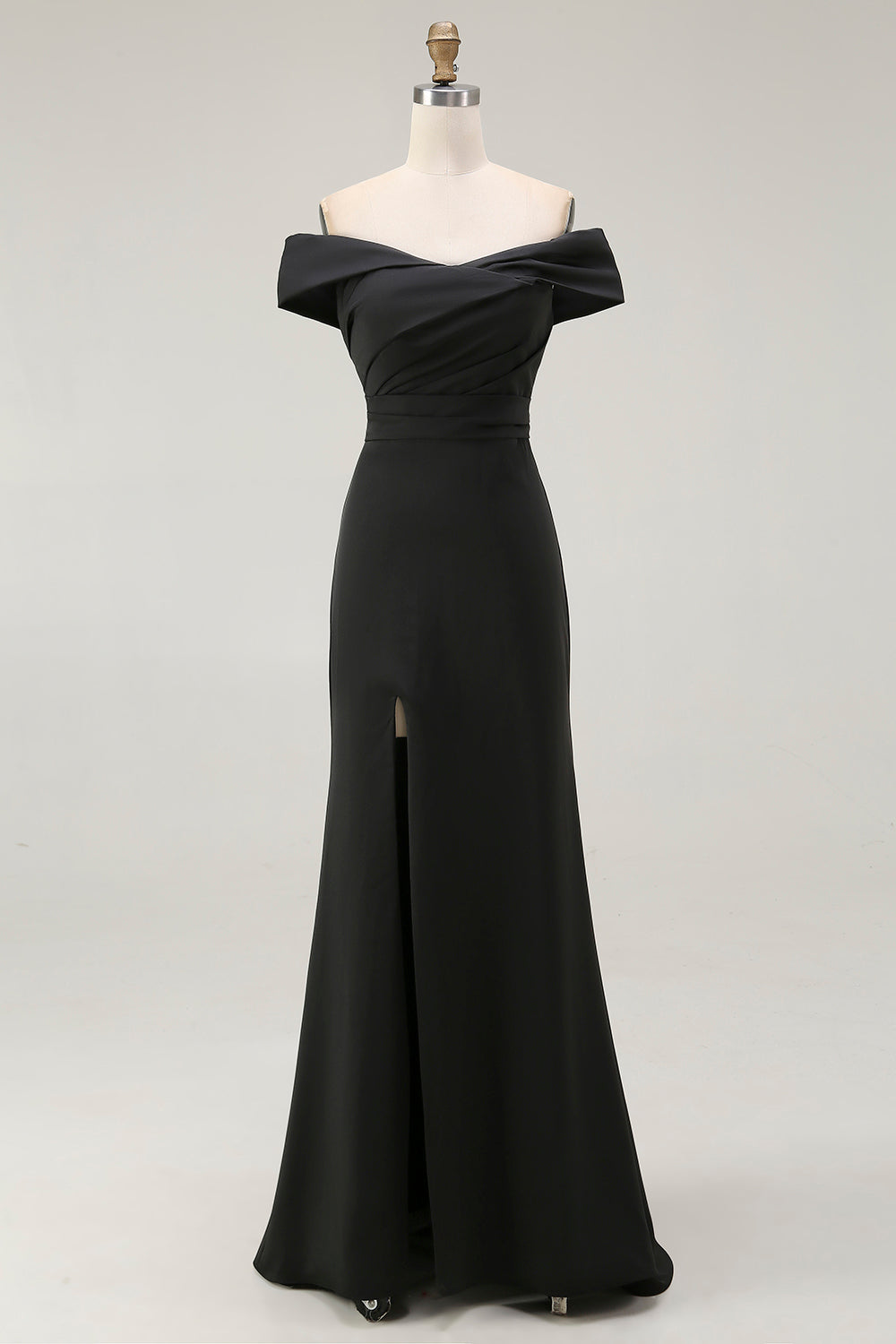 Black Satin Off the Shoulder Mermaid Long Formal Dress with Slit