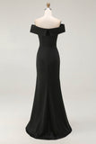 Black Satin Off the Shoulder Mermaid Long Formal Dress with Slit