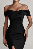 Black Satin Off the Shoulder Mermaid Long Formal Dress with Slit