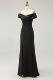 Simple Black Mermaid Satin Off the Shoulder Long Formal Dress with Slit