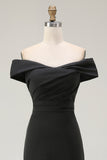 Simple Black Mermaid Satin Off the Shoulder Long Formal Dress with Slit