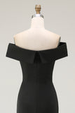 Simple Black Mermaid Satin Off the Shoulder Long Formal Dress with Slit