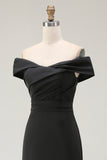 Simple Black Mermaid Satin Off the Shoulder Long Formal Dress with Slit