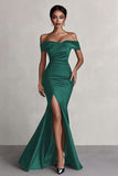 Black Satin Off the Shoulder Mermaid Long Formal Dress with Slit