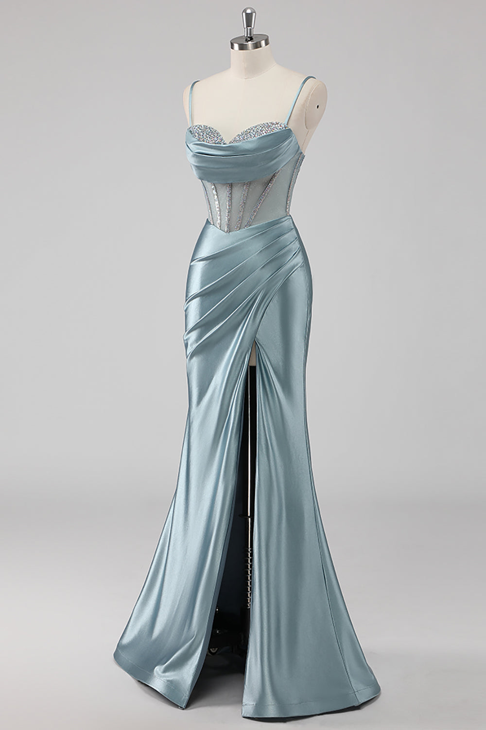 Sparkly Grey Blue Sheath Spaghetti Straps Corset Beading Long Prom Dress with Slit