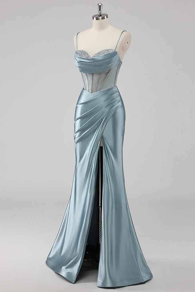 ZAPAKASA Women Sparkly Grey Blue Long Prom Dress Sheath Spaghetti ...