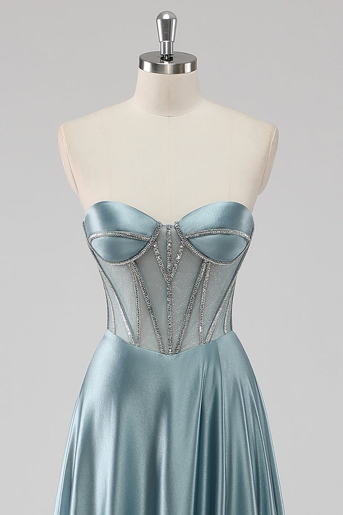 Strapless Blue A Line Sequin Corset Tiered Long Prom Dress