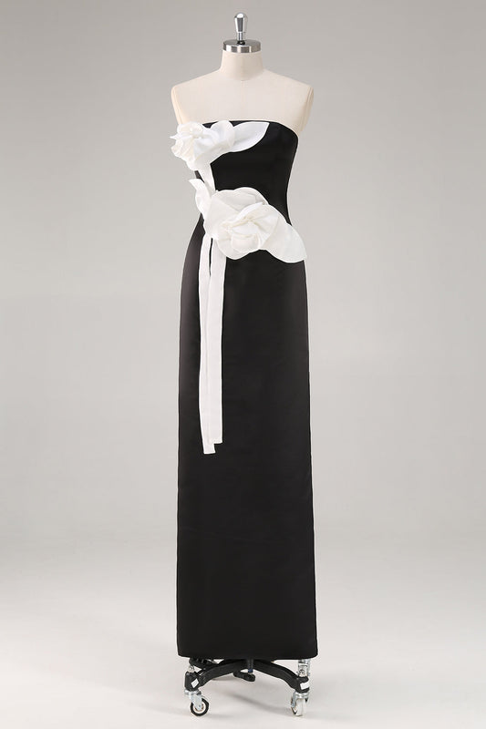 Black Sheath Strapless Wedding Guest Dress with 3D Flowers