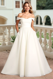 Ivory A Line Sweep Train Off the Shoulder Wedding Dress