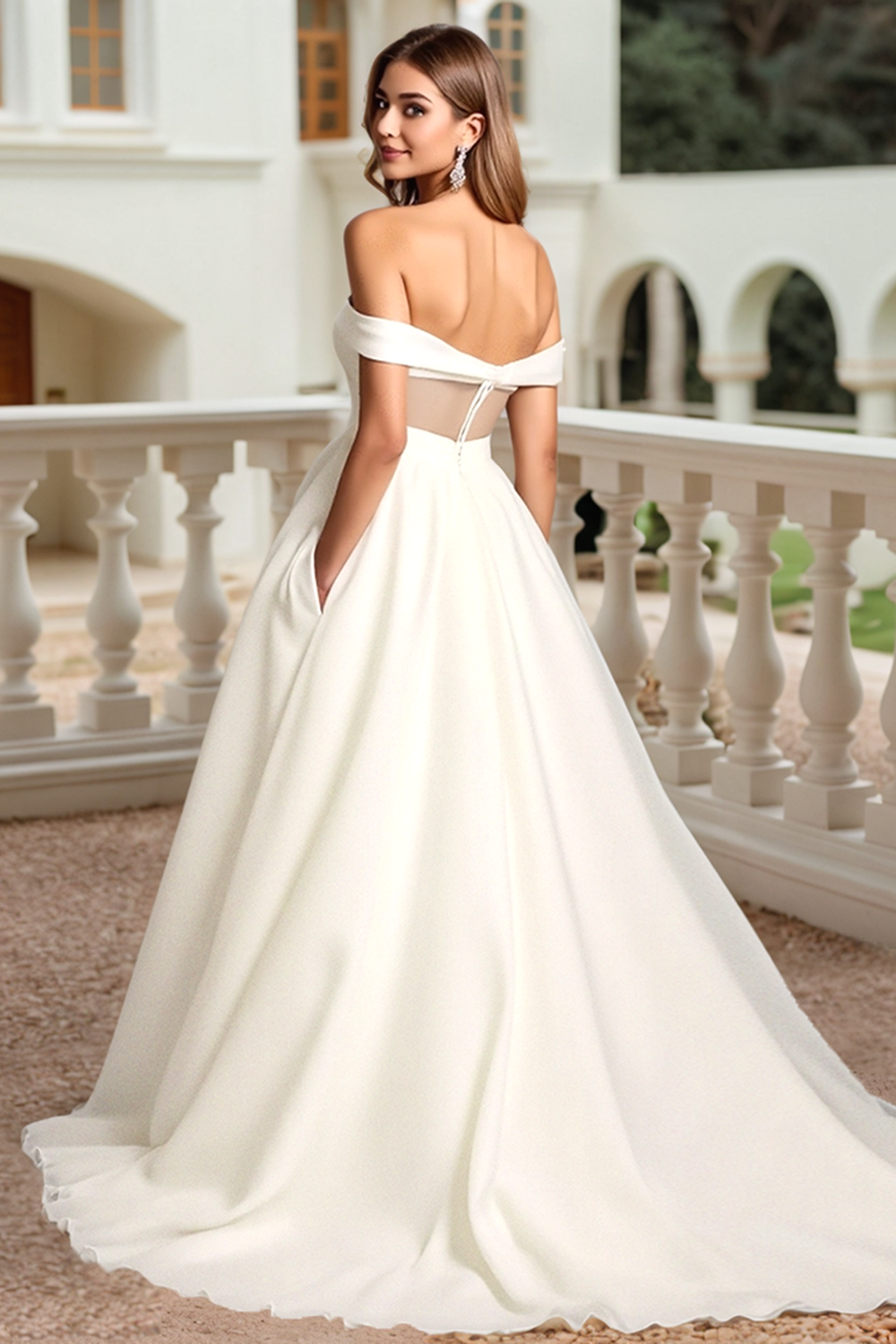 Ivory A Line Sweep Train Off the Shoulder Wedding Dress