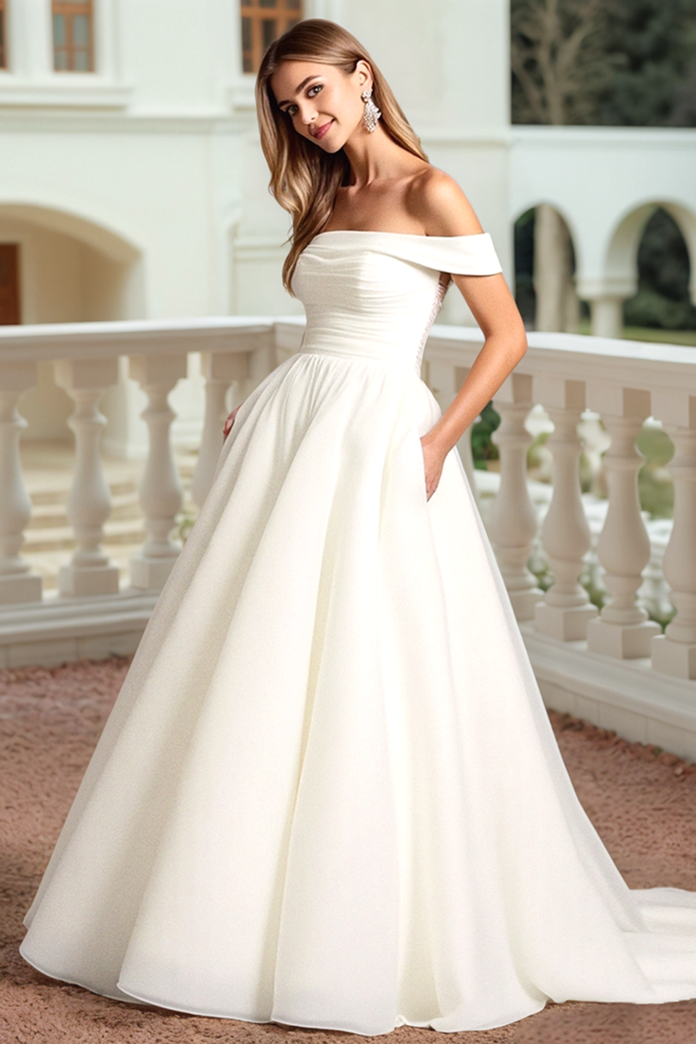 Ivory A Line Sweep Train Off the Shoulder Wedding Dress