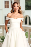 Ivory A Line Sweep Train Off the Shoulder Wedding Dress