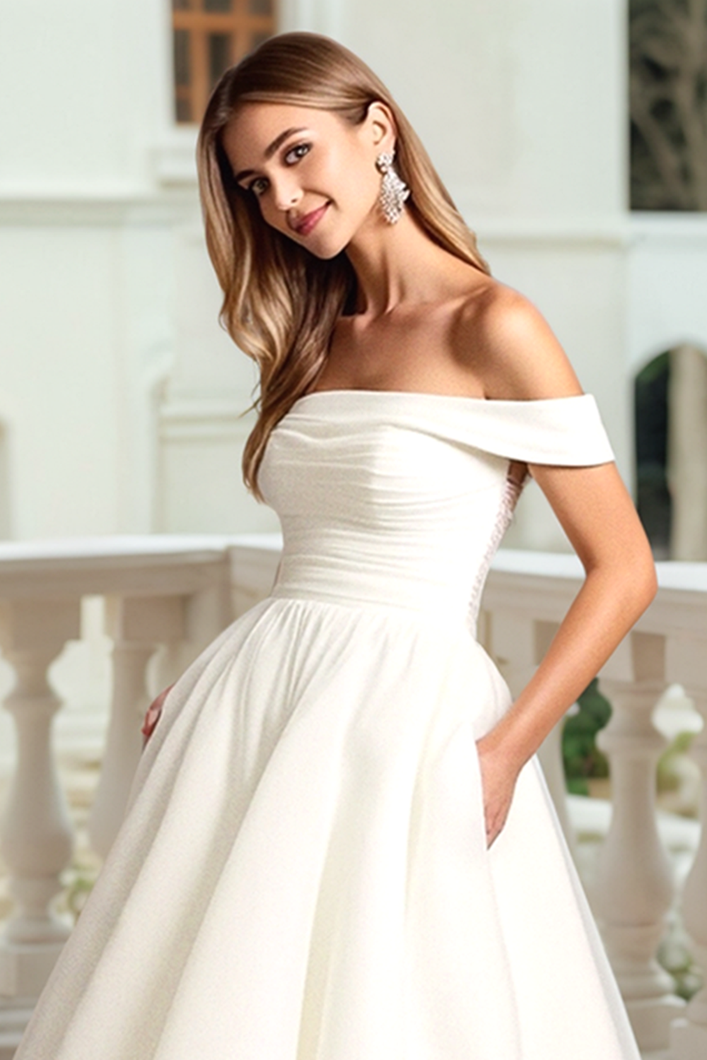 Ivory A Line Sweep Train Off the Shoulder Wedding Dress