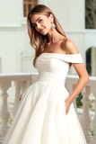 Ivory A Line Sweep Train Off the Shoulder Wedding Dress