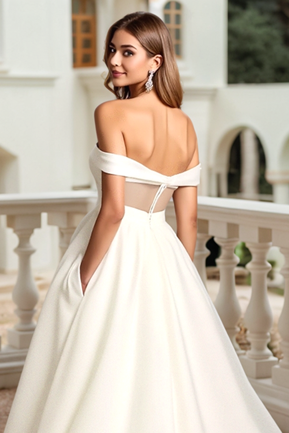 Ivory A Line Sweep Train Off the Shoulder Wedding Dress