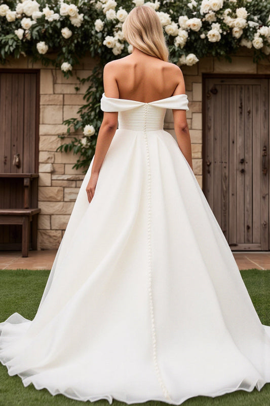 A Line Ivory Off the Shoulder Sweep Train Tulle Wedding Dress