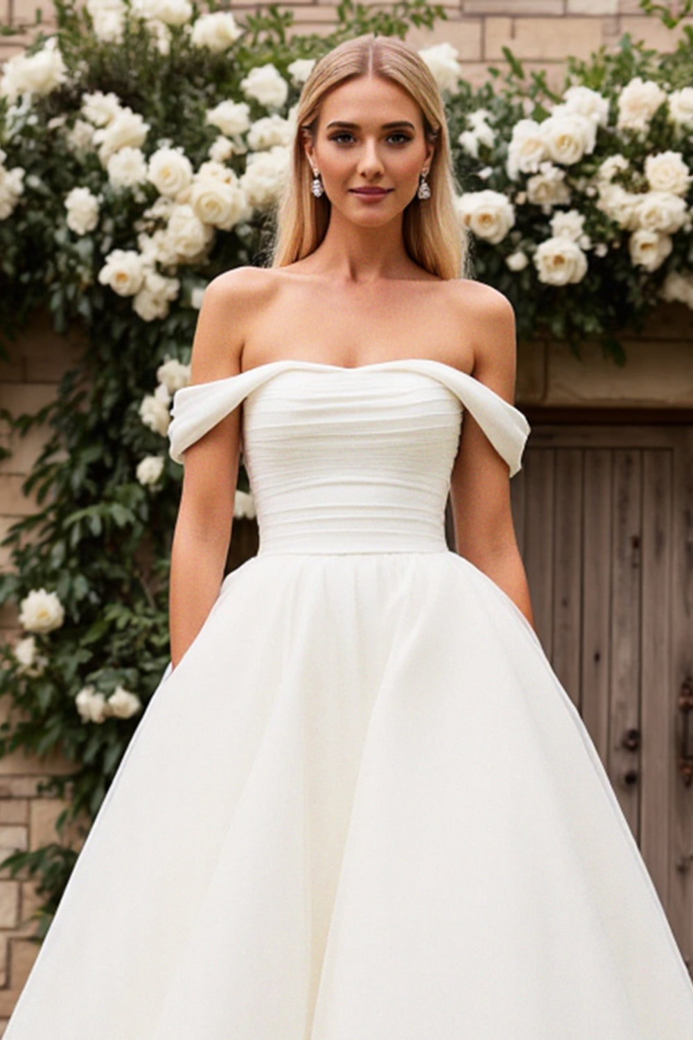 A Line Ivory Off the Shoulder Sweep Train Tulle Wedding Dress