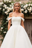 A Line Ivory Off the Shoulder Sweep Train Tulle Wedding Dress