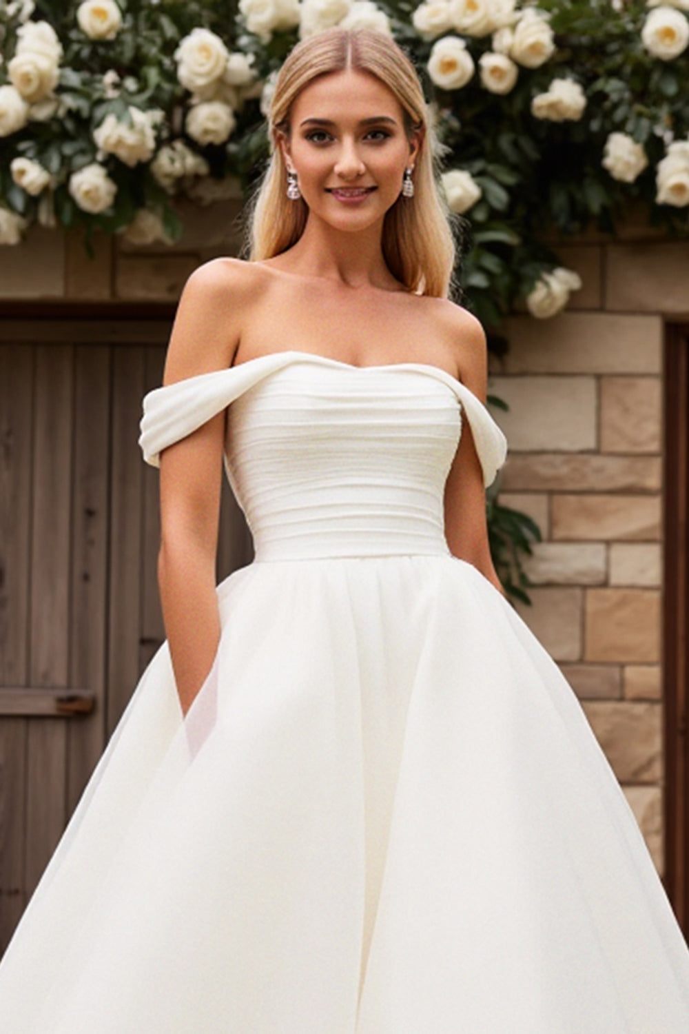 A Line Ivory Off the Shoulder Sweep Train Tulle Wedding Dress