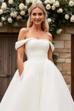 A Line Ivory Off the Shoulder Sweep Train Tulle Wedding Dress