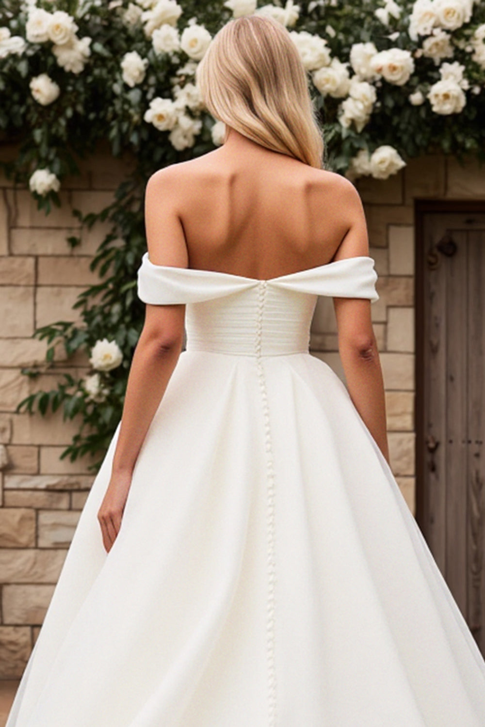 A Line Ivory Off the Shoulder Sweep Train Tulle Wedding Dress
