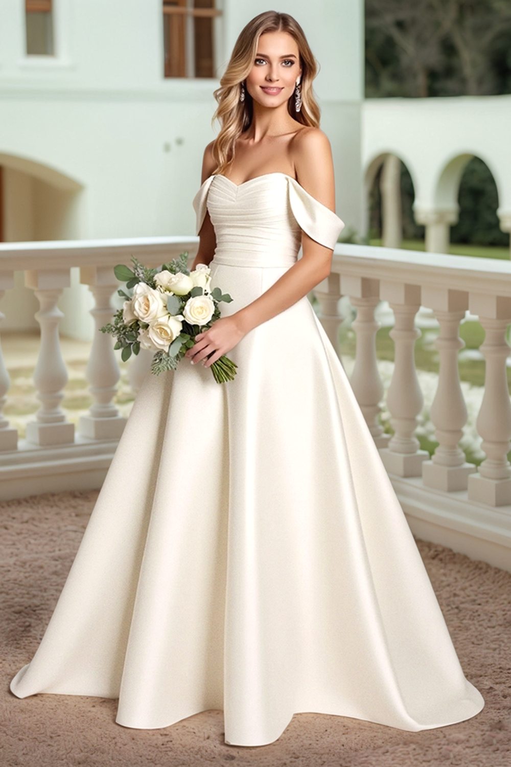 Ivory Satin A Line Sweep Train Wedding Dress with Bow