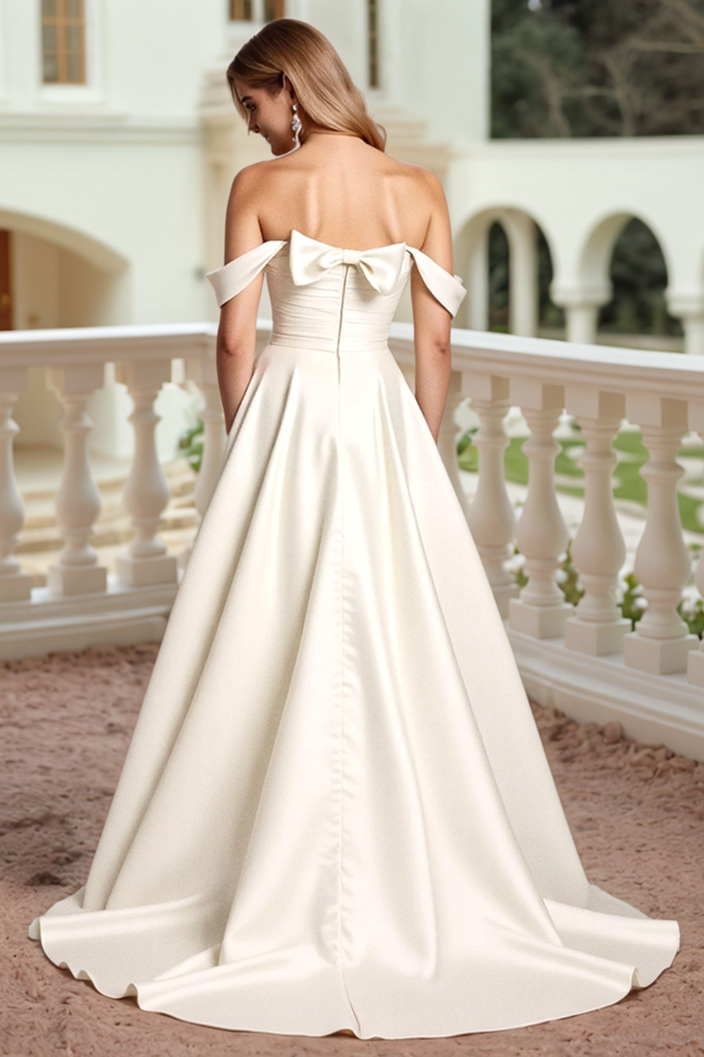 Ivory Satin A Line Sweep Train Wedding Dress with Bow