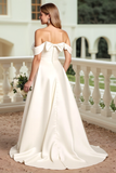Ivory Satin A Line Sweep Train Wedding Dress with Bow