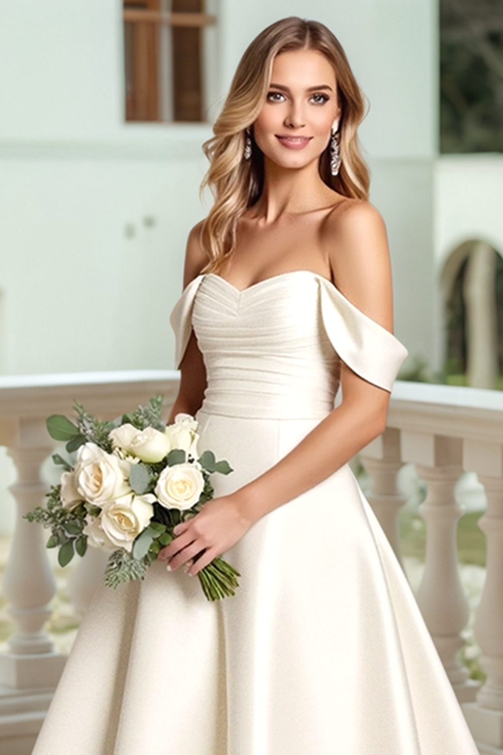 Ivory Satin A Line Sweep Train Wedding Dress with Bow
