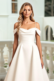 Ivory Satin A Line Sweep Train Long Wedding Dress