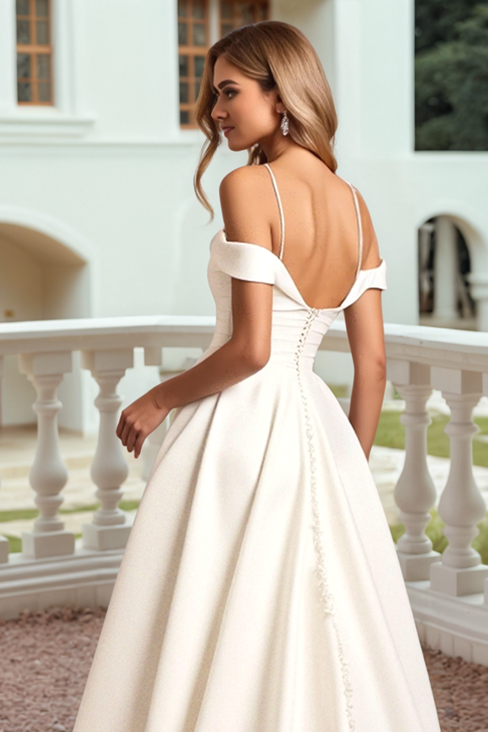 Ivory Satin A Line Sweep Train Long Wedding Dress