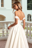 Ivory Satin A Line Sweep Train Long Wedding Dress