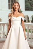 Ivory Satin A Line Sweep Train Long Wedding Dress
