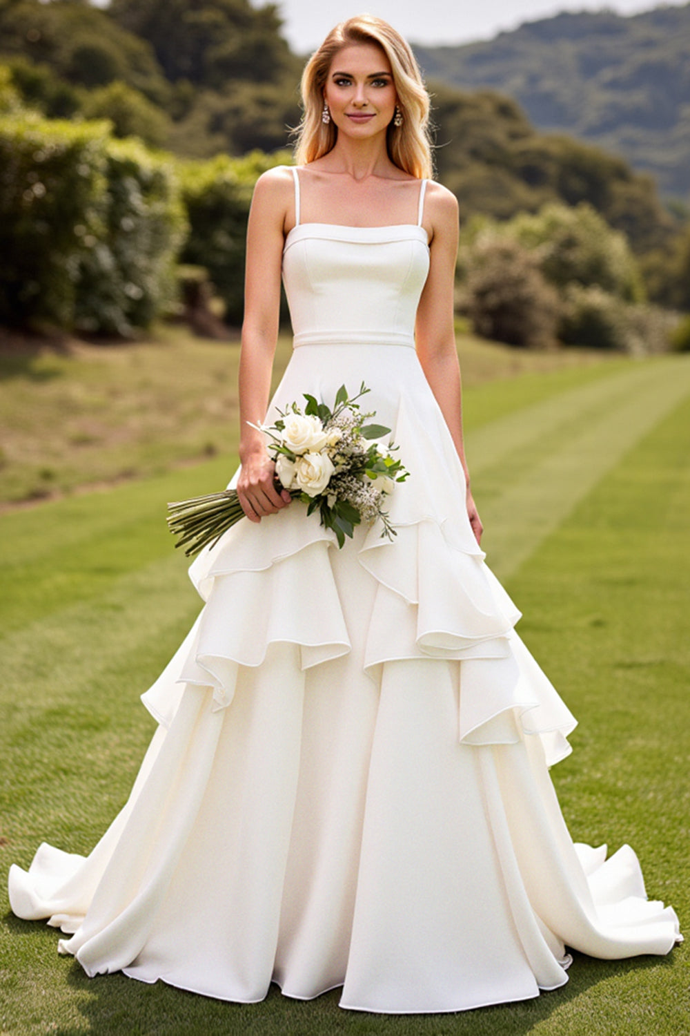 Ivory Chiffon Spaghetti Straps Sweep Train Wedding Dress with Ruffles
