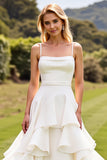 Ivory Chiffon Spaghetti Straps Sweep Train Wedding Dress with Ruffles
