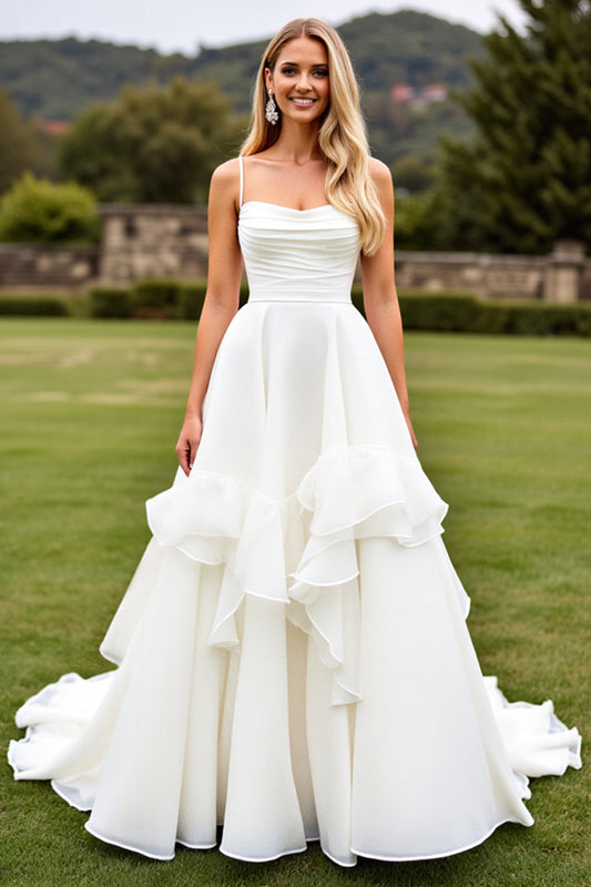 Ivory Chiffon Sweep Train Spaghetti Straps Wedding Dress