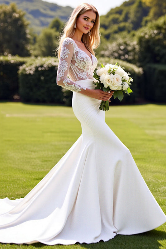 Ivory Satin V-Neck Sweep Train Lace Wedding Dress with Slit