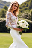 Ivory Satin V-Neck Sweep Train Lace Wedding Dress with Slit