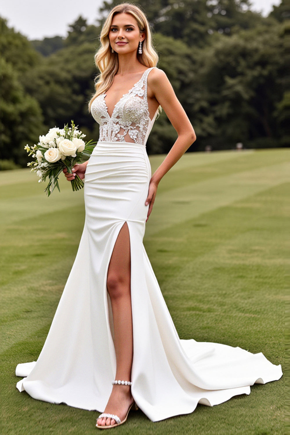 Ivory Mermaid Sweep Satin Train Long Wedding Dress with Slit