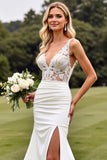 Ivory Mermaid Sweep Satin Train Long Wedding Dress with Slit