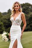 Ivory Mermaid Sweep Satin Train Long Wedding Dress with Slit