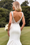 Ivory Mermaid Sweep Satin Train Long Wedding Dress with Slit