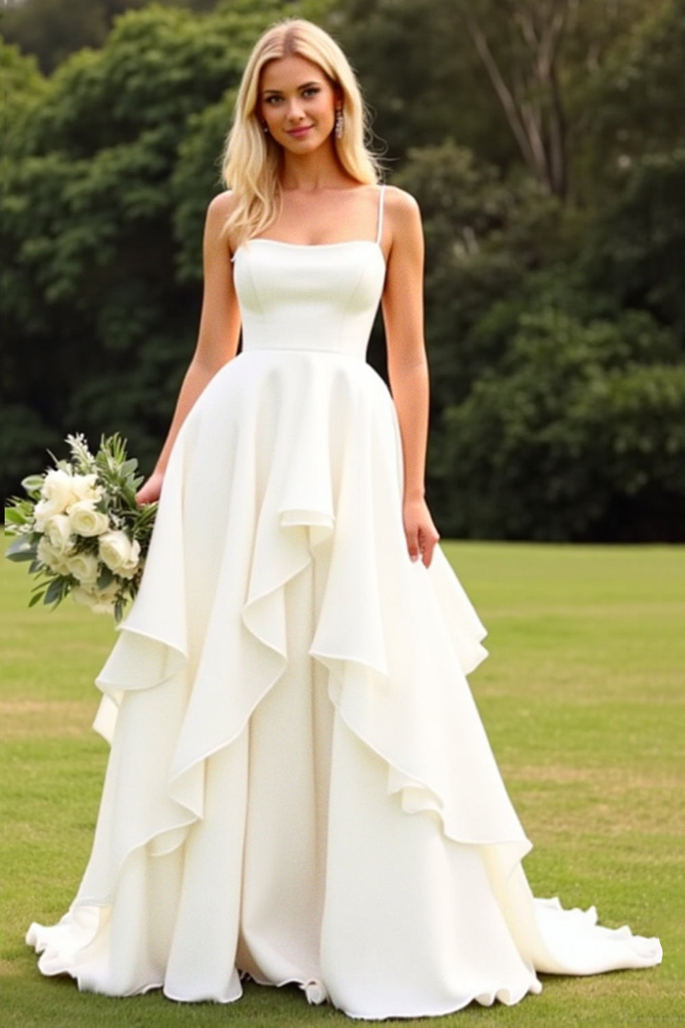 Ivory Satin Sweep Train Square Neck Wedding Dress with Ruffles