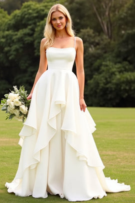 Ivory Satin Sweep Train Square Neck Wedding Dress with Ruffles