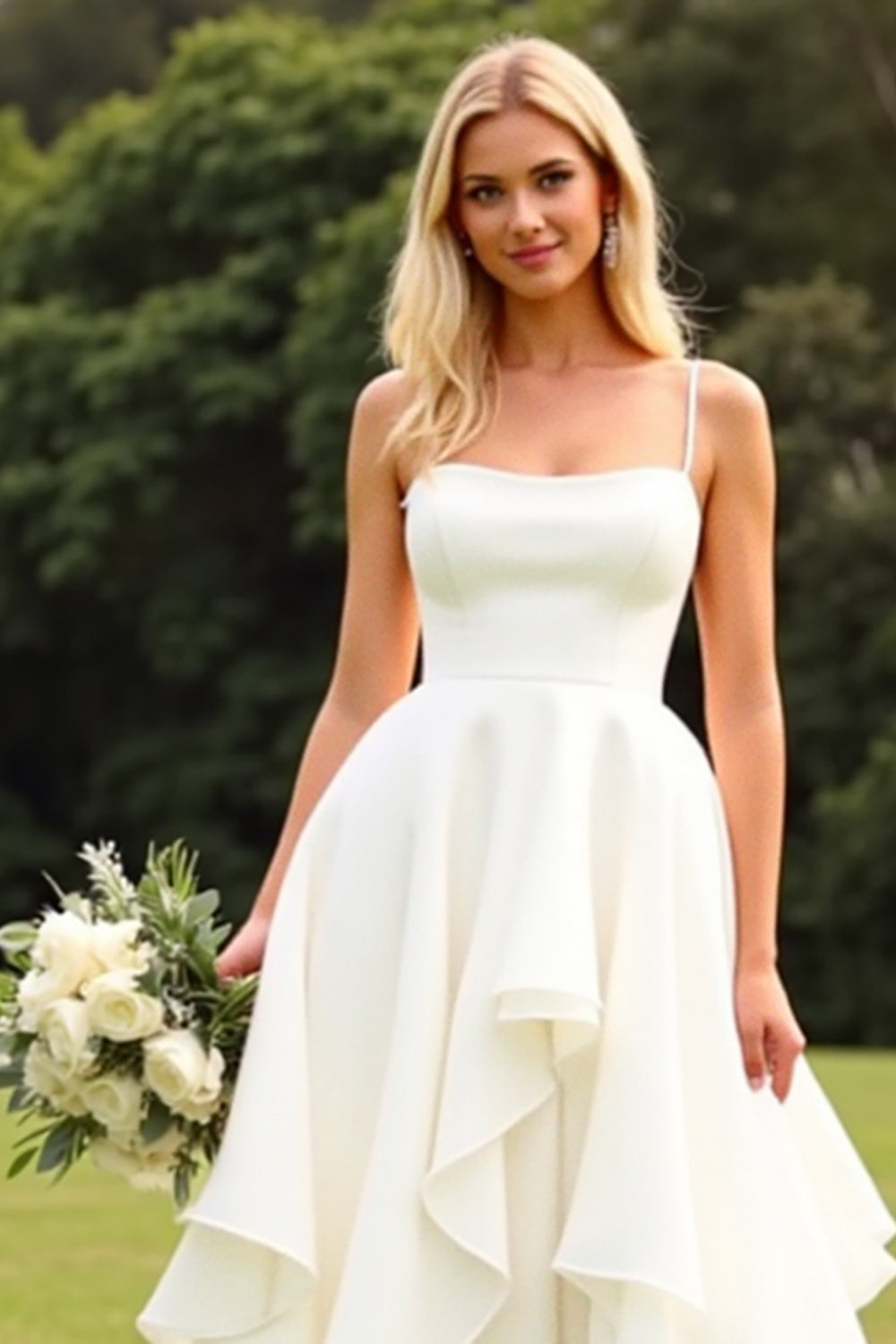 Ivory Satin Sweep Train Square Neck Wedding Dress with Ruffles