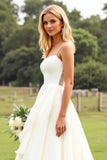 Ivory Satin Sweep Train Square Neck Wedding Dress with Ruffles