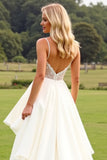 Ivory Satin Sweep Train Square Neck Wedding Dress with Ruffles