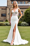 Ivory Satin Lace Sweep Train Mermaid Wedding Dress with Slit